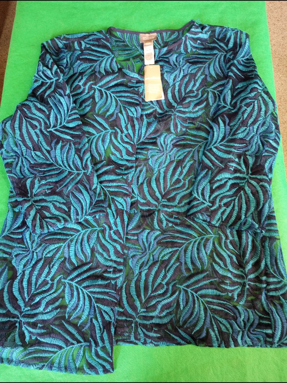 Chico's Teal and Black Leaf-Print Sheer Knit Cardigan - Picture 2 of 5